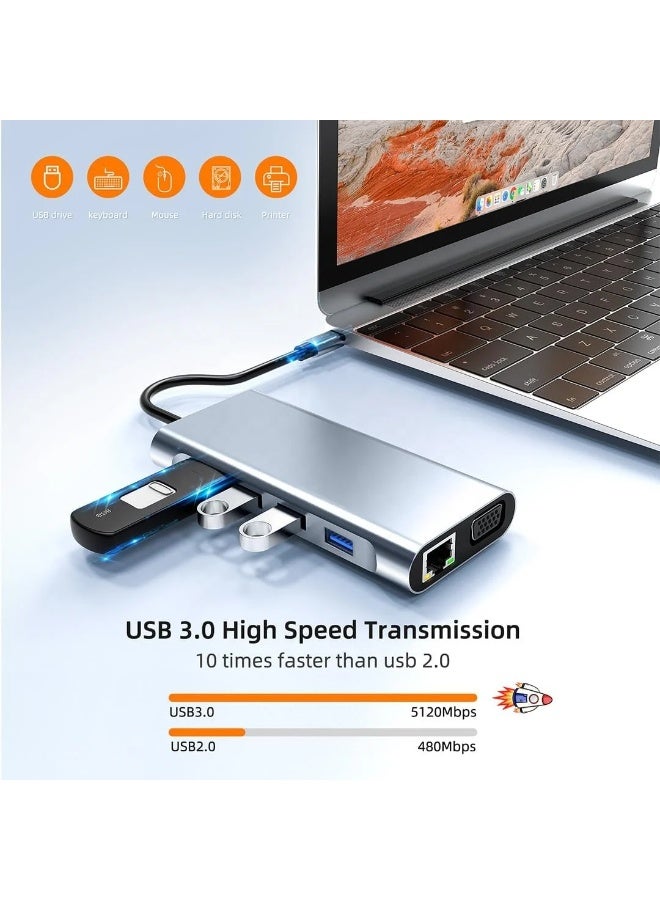 USB-C 11-in-1 Hub – with 4K HDMI, VGA, Type-C PD, USB 3.0, RJ45 Ethernet, SD/TF Card Reader, and 3.5mm AUX Port - Image 3