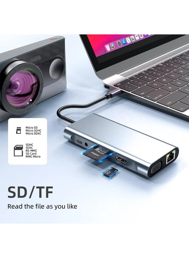 USB-C 11-in-1 Hub – with 4K HDMI, VGA, Type-C PD, USB 3.0, RJ45 Ethernet, SD/TF Card Reader, and 3.5mm AUX Port - Image 4