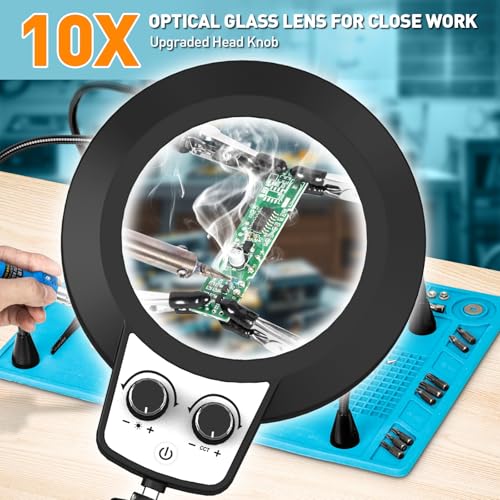 KUVRS 10X Magnifying Glass with Light and Stand, Helping Hands Soldering Station, Non-Slip Repair Mat Magnifying Lamp, Any Color Stepless Dimming LED Lighted Magnifier for Jewelry Craft Model - Image 2