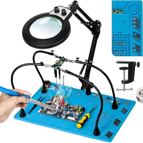 KUVRS 10X Magnifying Glass with Light and Stand, Helping Hands Soldering Station, Non-Slip Repair Mat Magnifying Lamp, Any Color Stepless Dimming LED Lighted Magnifier for Jewelry Craft Model - Image 1