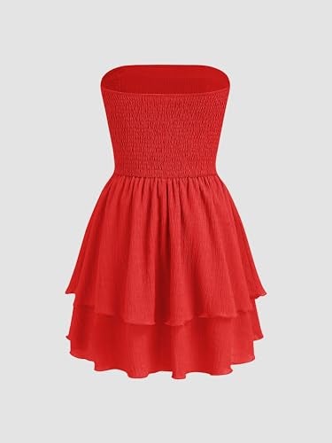 CIDER Women's Summer Cocktail Dress - Tube Ruched Ruffle Mini Dress Red - Image 5