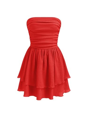 CIDER Women's Summer Cocktail Dress - Tube Ruched Ruffle Mini Dress Red - Image 1