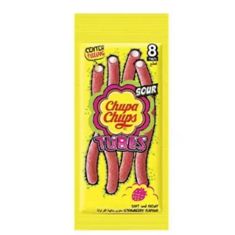 Chupa Chups Sour Strawberry Flavour Center Filling Tubes Candy- 8pcs