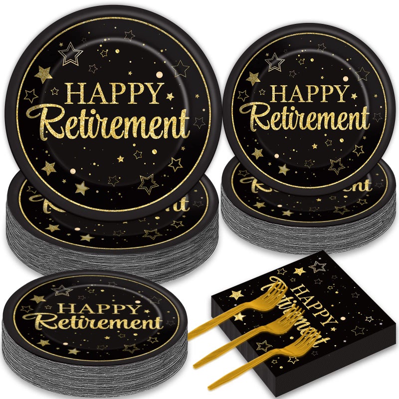 50 Guests Retirement Party Decorations Retirement Plates Napkins Set Happy Retirement Black and Golden Disposable Dinnerware Tableware Graduations Decorations Supplies Favors for Women Men 200Pcs