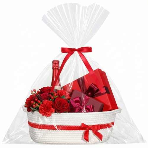 Colingmill Woven Gift Basket Empty with Handles Ribbons Bow Tie Bag 14 x 10 x 55 Inch Medium Decorative Woven Gift Basket Rope Storage Box Home Decor14 x 10 x 55 InchWhite Red - Image 1