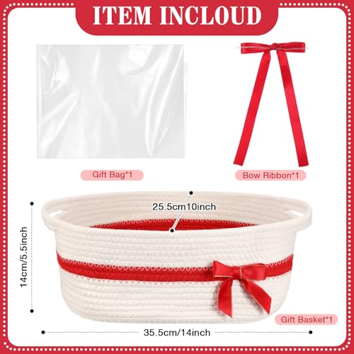 Colingmill Woven Gift Basket Empty with Handles Ribbons Bow Tie Bag 14 x 10 x 55 Inch Medium Decorative Woven Gift Basket Rope Storage Box Home Decor14 x 10 x 55 InchWhite Red - Image 3