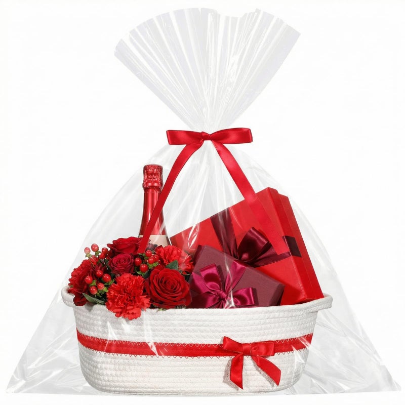 Colingmill Woven Gift Basket Empty with Handles Ribbons Bow Tie Bag 14 x 10 x 55 Inch Medium Decorative Woven Gift Basket Rope Storage Box Home Decor14 x 10 x 55 InchWhite Red - Image 2