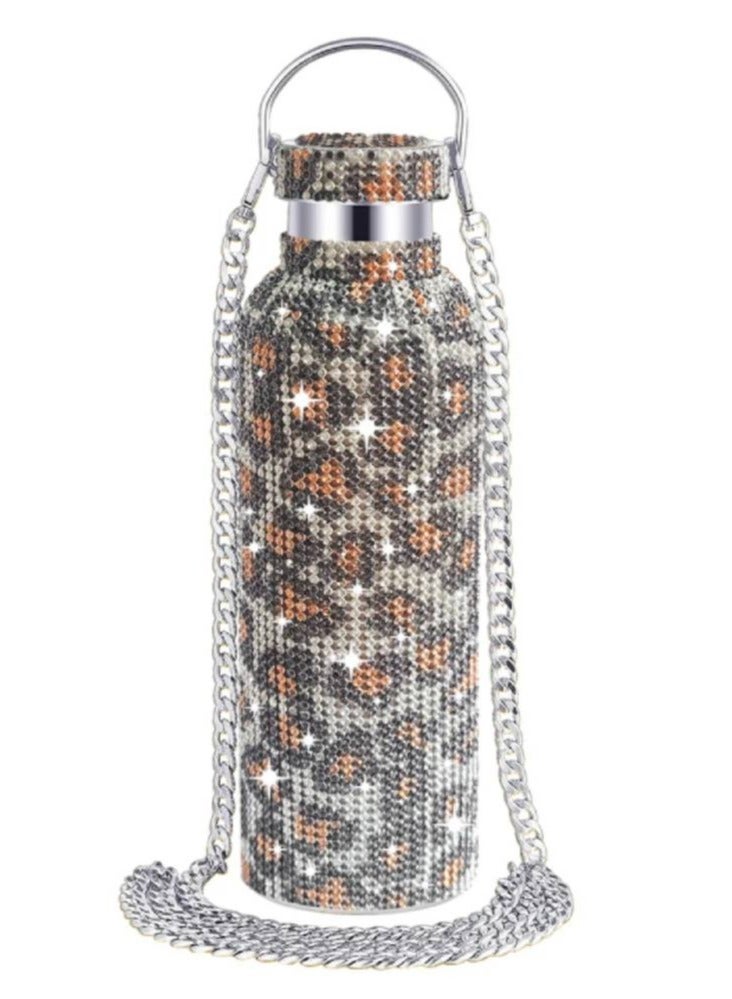 ارواق كوب حراري لامع سعة 500 مل مع سلسلة زجاجة بلينغ مع أغطية من الفولاذ المقاوم للصدأ لزجاجة مياه للنساء والفتيات - Image 1