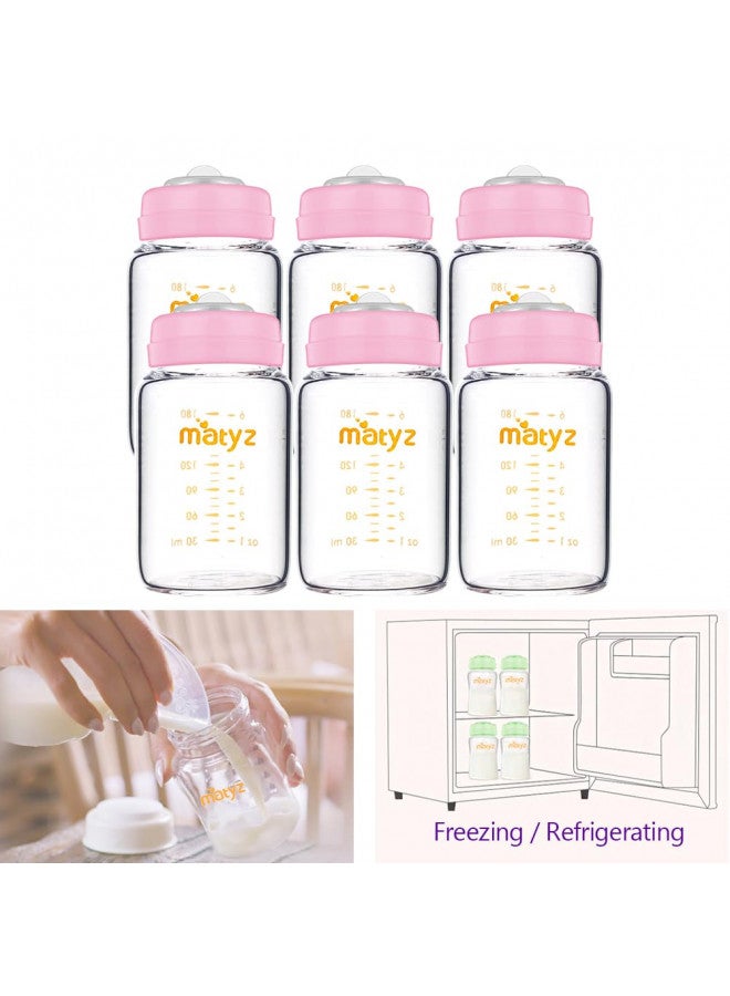 ماتيز Glass Breastmilk Storage Containers, 6 Pack, 6 oz bottle, Compatible With Spectra Medela Philips Pump - Freezer Safe Storage Bottles Set - Leakproof Glass Baby Bottles - BPA Free (Pink Lids) - Image 2