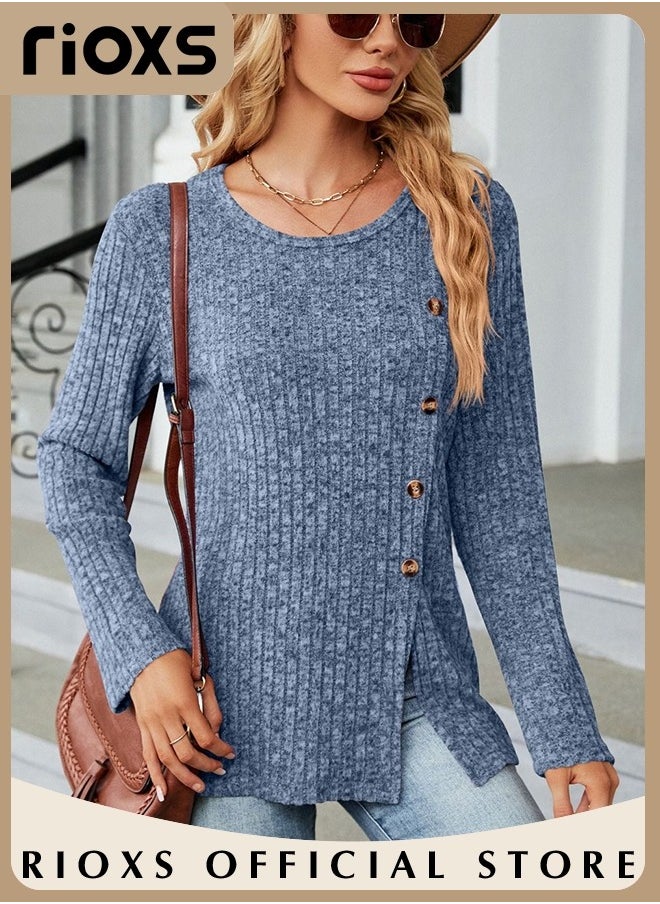 RIOXS - Women's Casual Comfortable Warm Sweater, Round Neck Long Sleeve Pullover Shirt with Split Hem Design, Soft and Comfortable Top for Spring, Fall and Winter, Easy to Match, Suitable for Most Lady's Body Shapes - Image 1