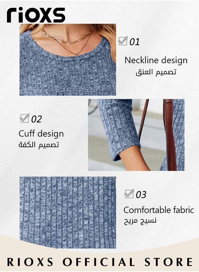 RIOXS - Women's Casual Comfortable Warm Sweater, Round Neck Long Sleeve Pullover Shirt with Split Hem Design, Soft and Comfortable Top for Spring, Fall and Winter, Easy to Match, Suitable for Most Lady's Body Shapes - Image 1