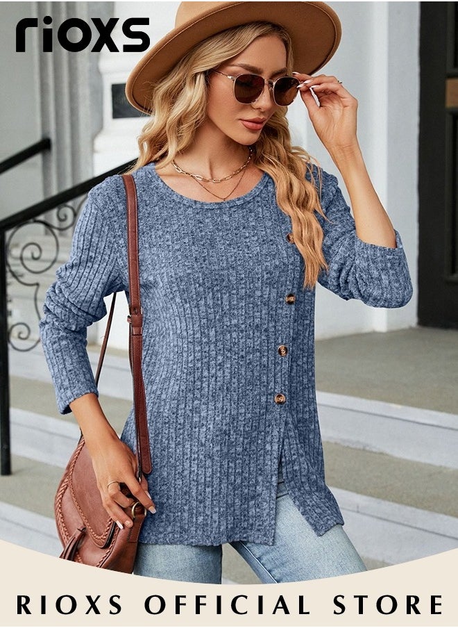 RIOXS - Women's Casual Comfortable Warm Sweater, Round Neck Long Sleeve Pullover Shirt with Split Hem Design, Soft and Comfortable Top for Spring, Fall and Winter, Easy to Match, Suitable for Most Lady's Body Shapes - Image 1