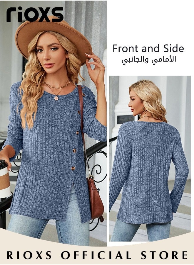 RIOXS - Women's Casual Comfortable Warm Sweater, Round Neck Long Sleeve Pullover Shirt with Split Hem Design, Soft and Comfortable Top for Spring, Fall and Winter, Easy to Match, Suitable for Most Lady's Body Shapes - Image 1