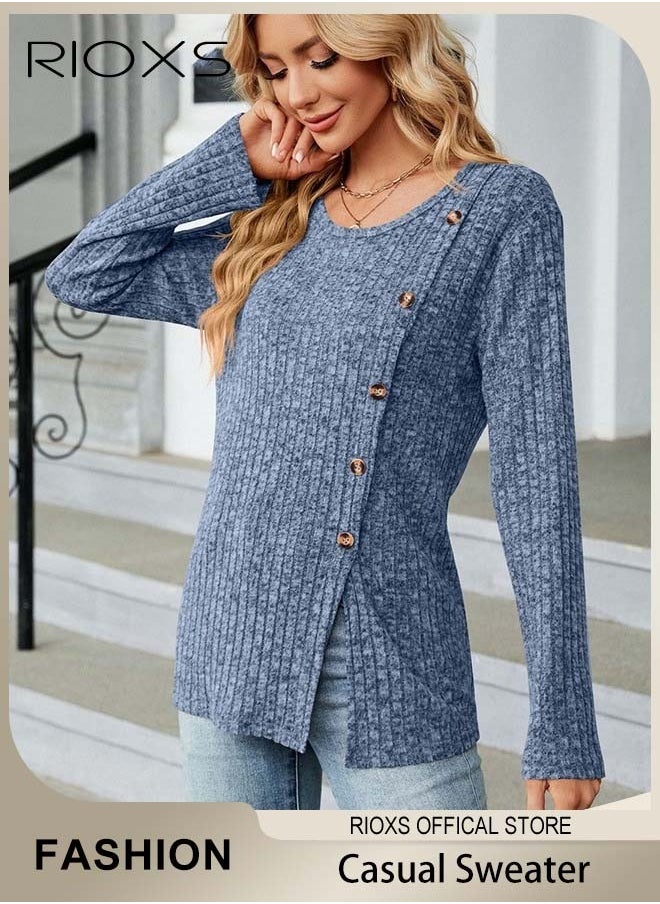 RIOXS - Women's Casual Comfortable Warm Sweater, Round Neck Long Sleeve Pullover Shirt with Split Hem Design, Soft and Comfortable Top for Spring, Fall and Winter, Easy to Match, Suitable for Most Lady's Body Shapes - Image 1