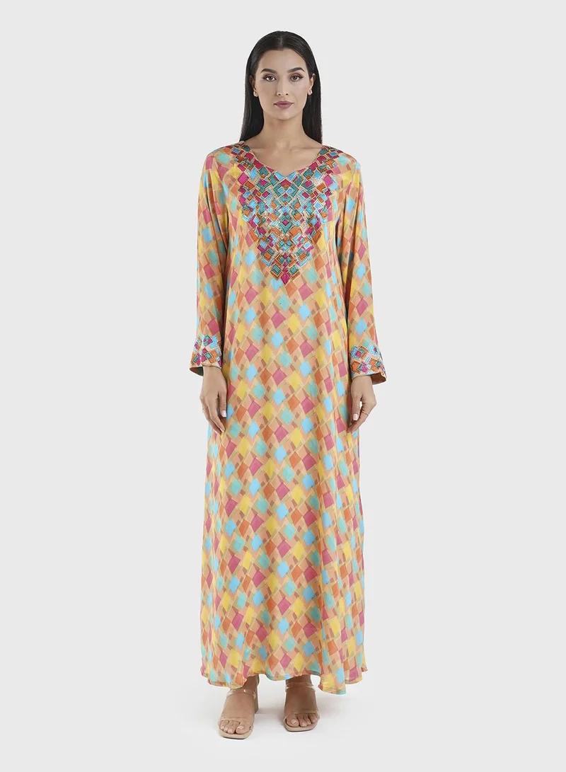 KASHKHA Viscose Geometric Print Mukhawar Jalabiya (VG2898)
