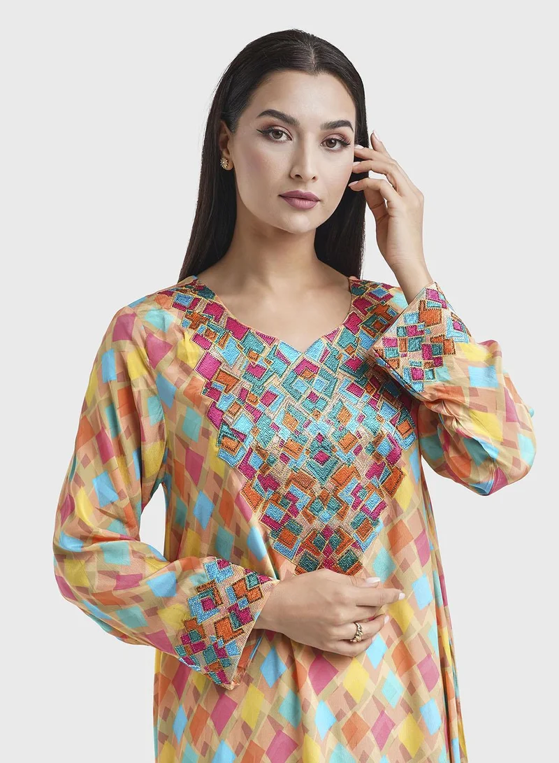 KASHKHA Viscose Geometric Print Mukhawar Jalabiya (VG2898)