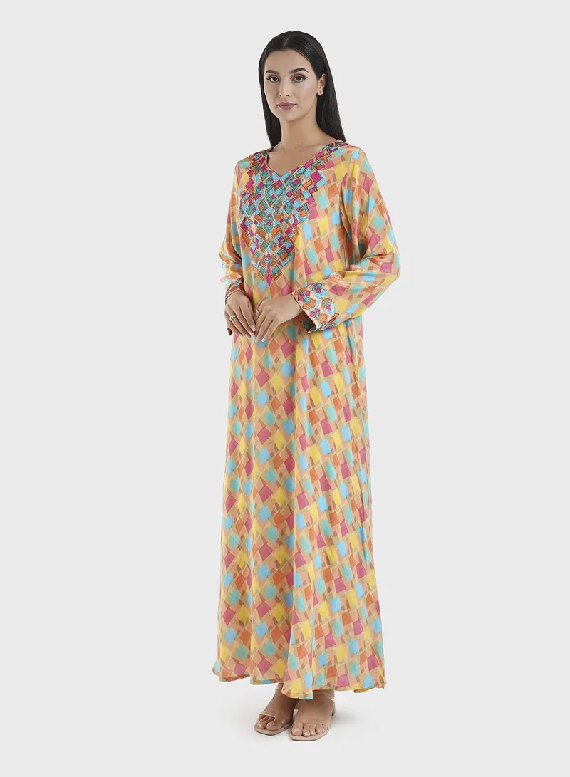 Kashkha  Viscose Geometric Print Mukhawar Jalabiya (VG2898) for Women | Best Price UAE