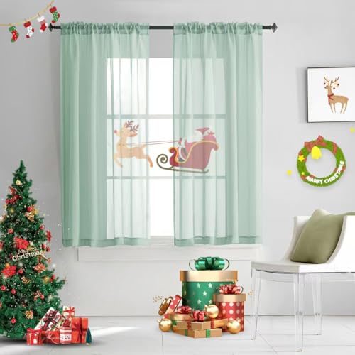 TOAVA DECO Mint Green Semi Sheer Curtains Rod Pocket 63 Inch Length Faux Linen Curtain Sage Green Sheers for Bedroom Living Room Girls Kids Room 2 Panels 52x63
