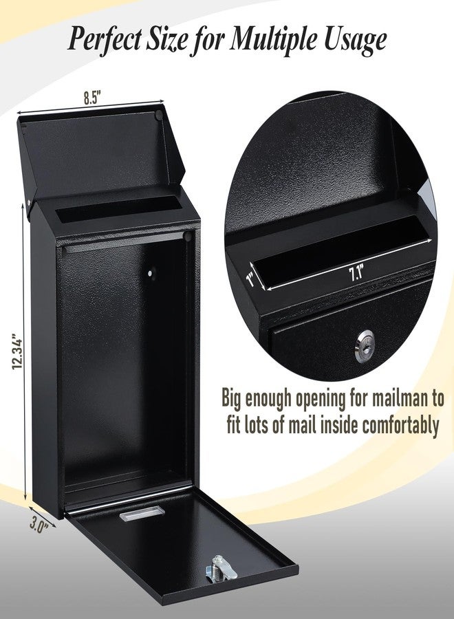 xydled Mail Boxes with Key Lock,Locking Mailbox Wall Mounted,Large Capacity,Steel Cover Metal Postbox for House, Black, 12.34''x8.5''x3'' - Image 2