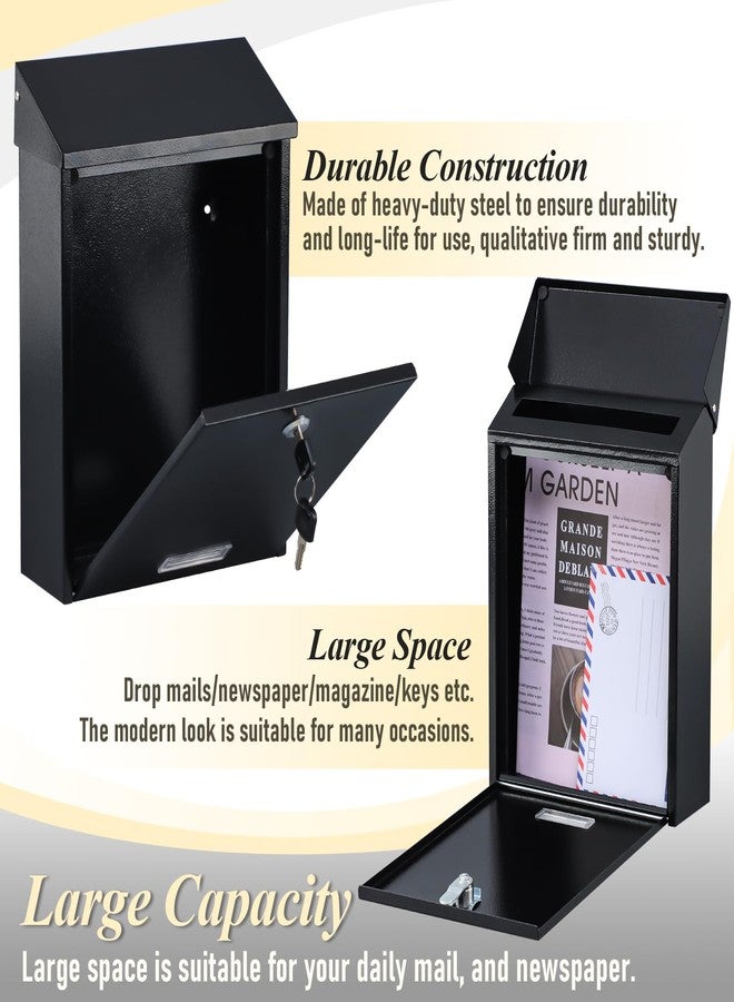 xydled Mail Boxes with Key Lock,Locking Mailbox Wall Mounted,Large Capacity,Steel Cover Metal Postbox for House, Black, 12.34''x8.5''x3'' - Image 3