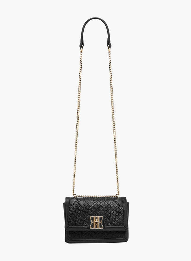 ELLE Monogram Embossed Crossbody Bag with Chain Strap and Flap Closure