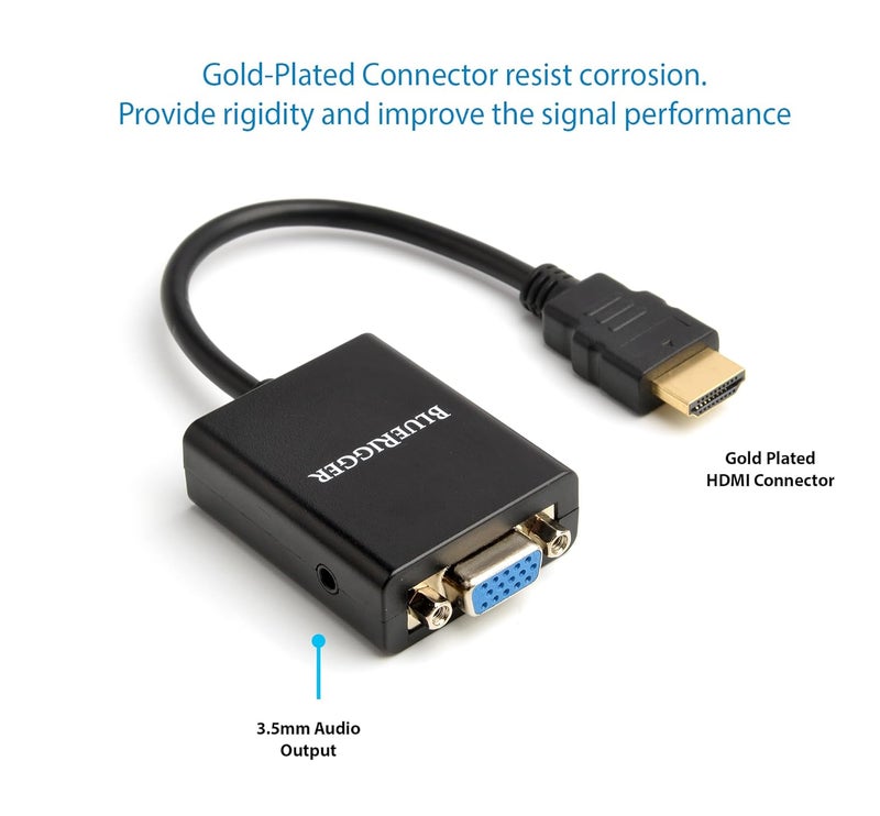 BlueRigger Gold-Plated 1080P Active HDMI to VGA Adapter with 3.5mm Audio Jack (Mobile, Laptop, Tablet, Mp3, Gaming Device, Black) - Image 4