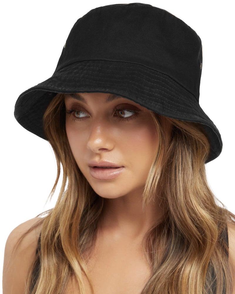 FURTALK Bucket Hats for Women Washed Cotton Packable Summer Beach Sun Hats Bucket Hat with Strings for Travel Black - Image 1