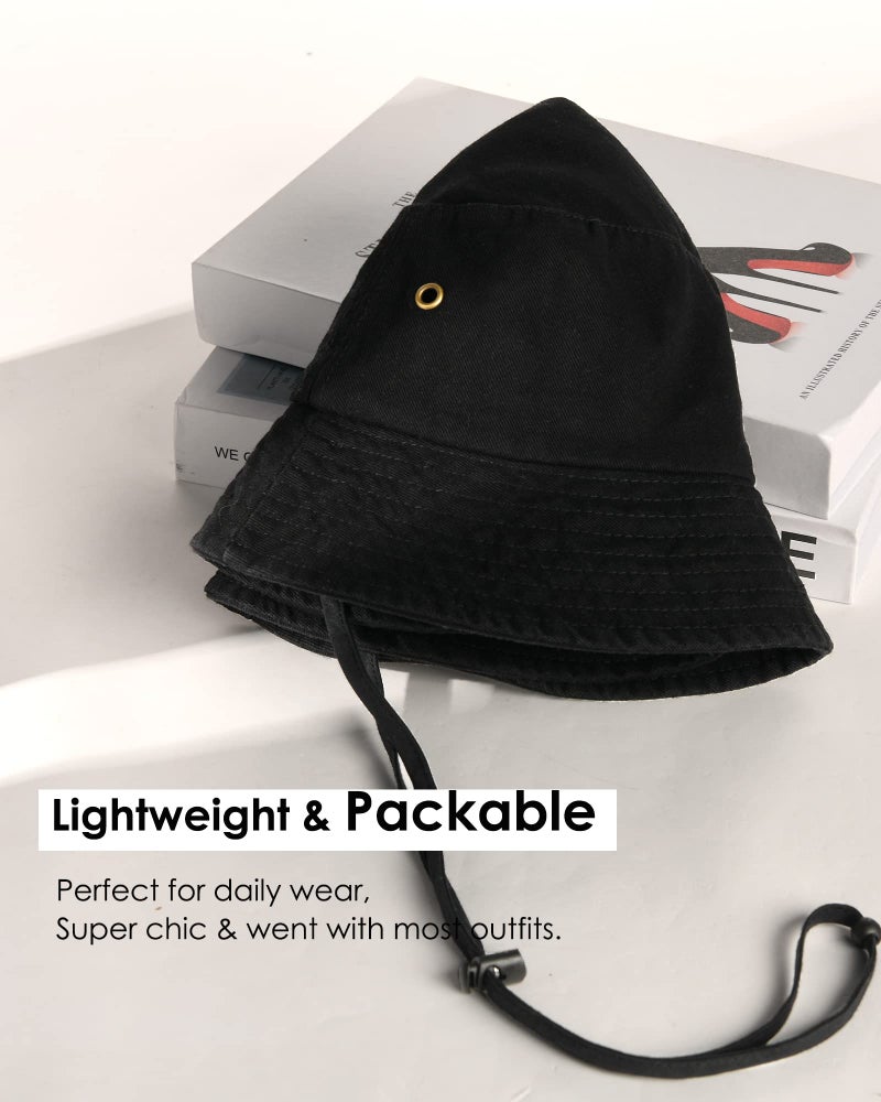 FURTALK Bucket Hats for Women Washed Cotton Packable Summer Beach Sun Hats Bucket Hat with Strings for Travel Black - Image 4