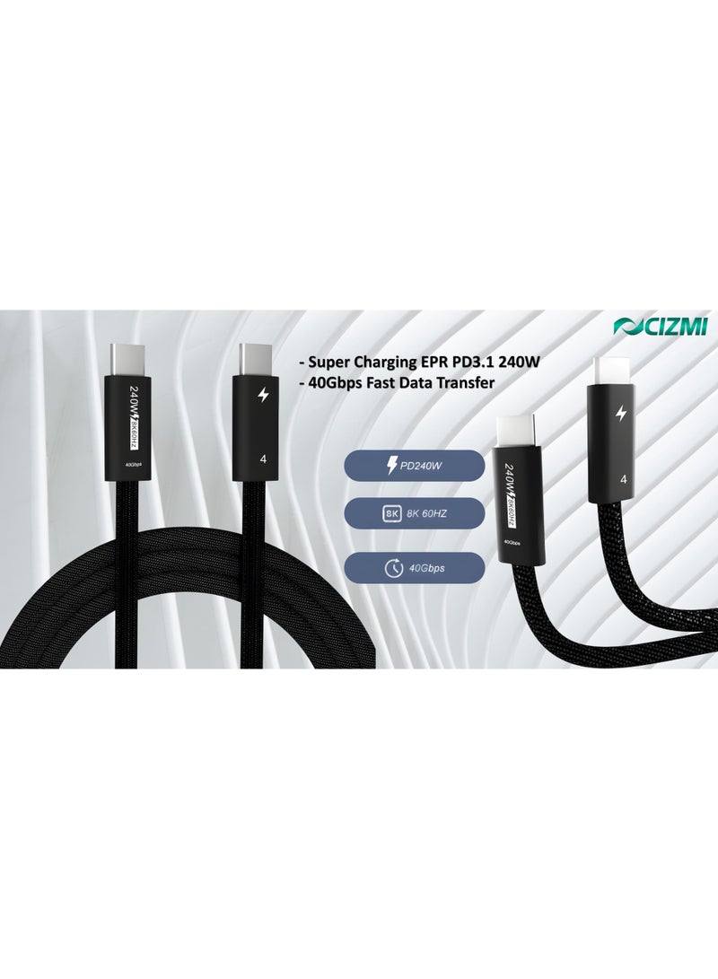 سيزمي ✦ كابل USB Thunderbolt 4 بسرعة 40Gbps وقدرة 240W | شحن فائق عبر EPR Power Delivery PD 3.1 | يدعم 8K@60Hz | USB4 Gen3 | متوافق مع iPhone 17/16/15 وSamsung وغيرها | بطول 1 متر | تصميم مضفّر + شريط تثبيت Hook-and-Loop - Image 3
