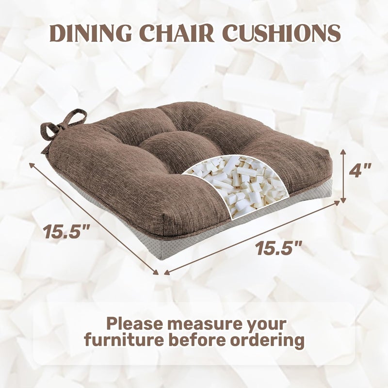 puredown ® Chair Cushions for Dining Chairs, Tufted Memory Foam Chair Pads with Non-Slip Backing, Kitchen Seat Cushions with Ties, Washable Seat Pad Set of 4, 15.5" x 15.5" x 4", Coffee - Image 2