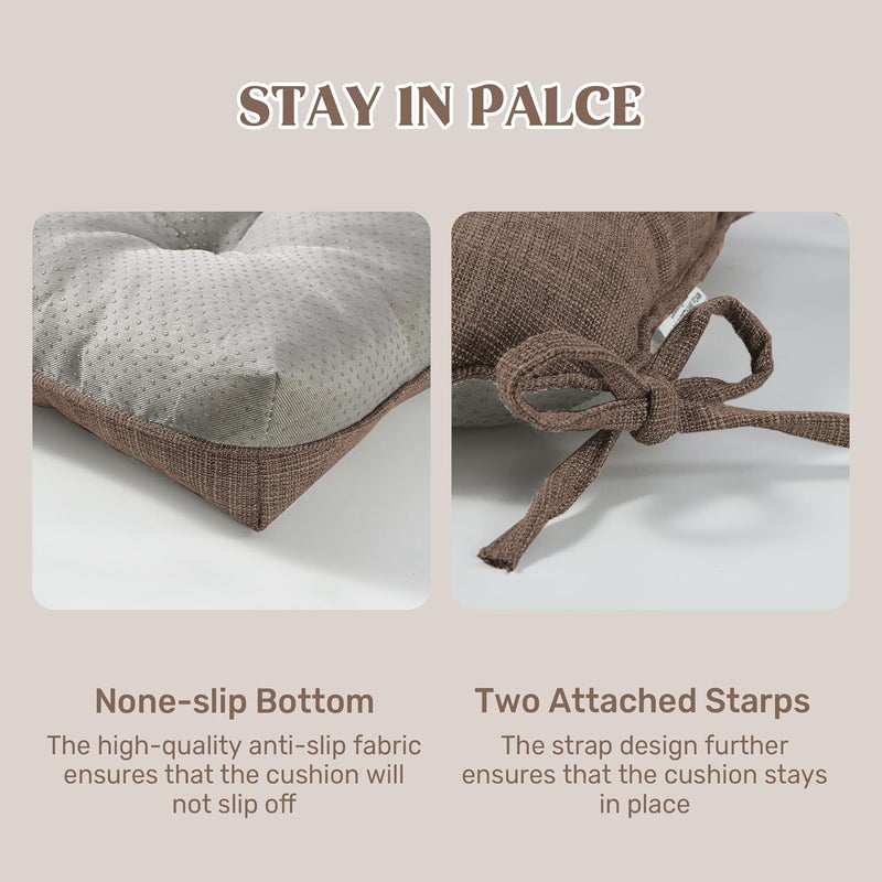 puredown ® Chair Cushions for Dining Chairs, Tufted Memory Foam Chair Pads with Non-Slip Backing, Kitchen Seat Cushions with Ties, Washable Seat Pad Set of 4, 15.5" x 15.5" x 4", Coffee - Image 5