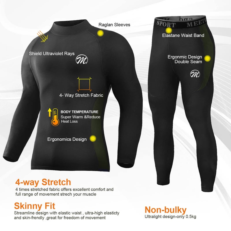 MEETWEE Men's Thermal Underwear Set, Winter Ski Gear Fleece Lined Long Johns Base Layer Warm Top & Bottom for Skiing Black - Image 2