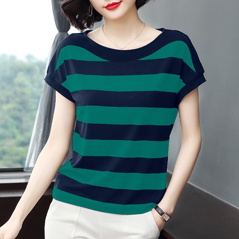 Large Size Short-sleeved T-shirt Womens Summer Loose Striped Half-sleeved Shirt 2022 New Middle-aged Mother Women Top 137 green stripes 
