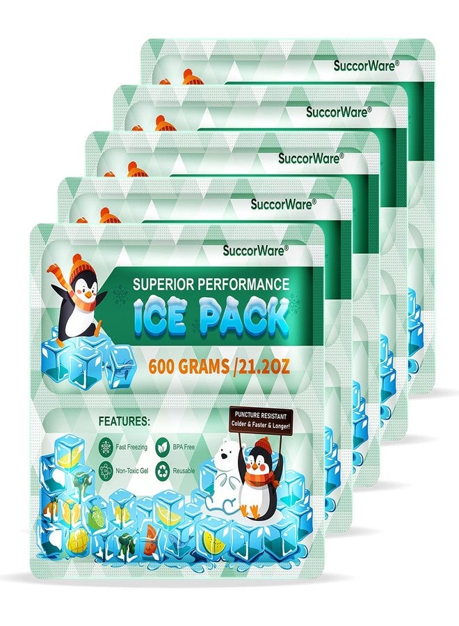 SuccorWare 5 Packs Reusable Ice Packs for Lunch Boxes - 12+ Hour Cooling Ice Gel Pack for Camping, Beach, Office - Ice Packs for Cooler Bag, Cooler Backpacks (600 Grams) - Image 1