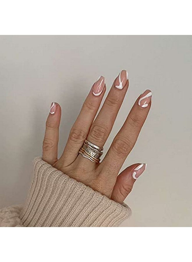 KLOSS BEAUTY White Swirls Short Nails Set Of 24 Reusable Uv Treated Gel Finished Presson Nails With Glossy Finish (White Colour On Nude Base) - Image 1