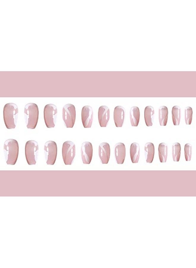 KLOSS BEAUTY White Swirls Short Nails Set Of 24 Reusable Uv Treated Gel Finished Presson Nails With Glossy Finish (White Colour On Nude Base) - Image 2