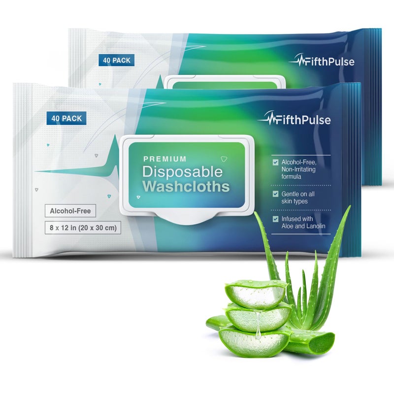 FifthPulse Disposable Body Wipes For Adults 80 Count (2 x 40 Packs) - Premoistened Washcloths For Elderly Bathing Infused With Aloe and Lanolin -Alcohol-Free Adult Wet Wipes, Extra Large 8â€ x 12â€ Wash Cloth - Image 1