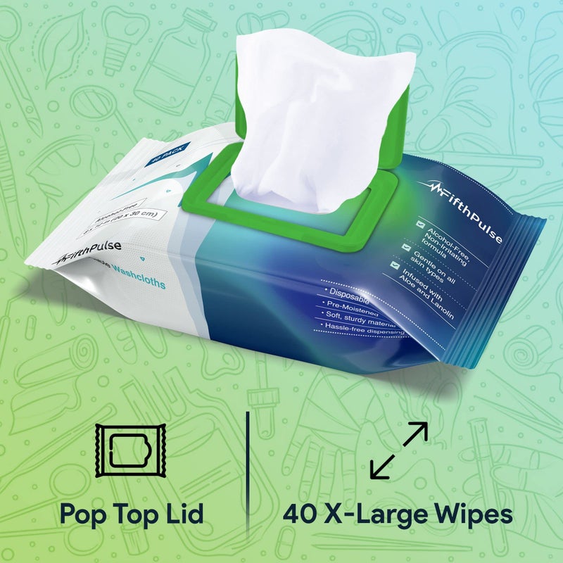 FifthPulse Disposable Body Wipes For Adults 80 Count (2 x 40 Packs) - Premoistened Washcloths For Elderly Bathing Infused With Aloe and Lanolin -Alcohol-Free Adult Wet Wipes, Extra Large 8â€ x 12â€ Wash Cloth - Image 3