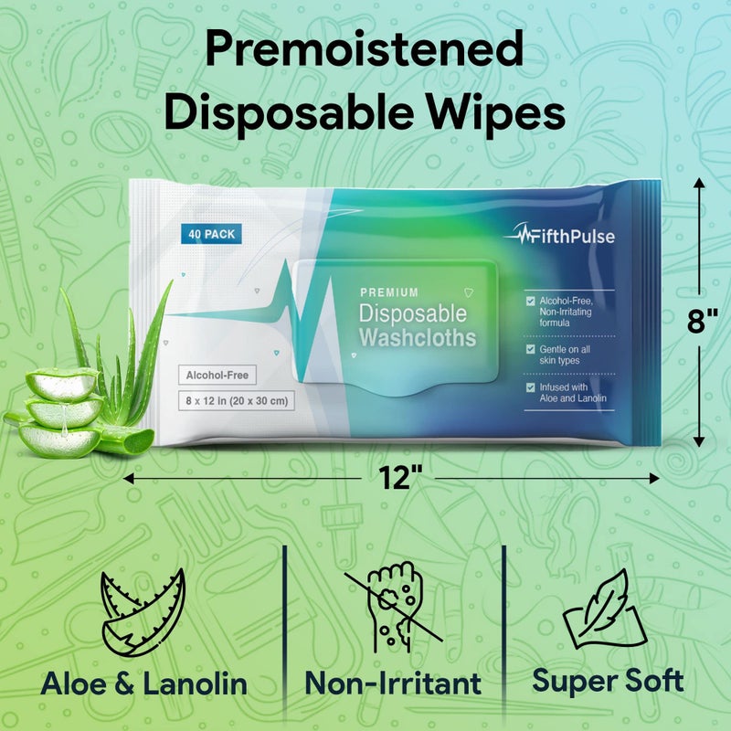 FifthPulse Disposable Body Wipes For Adults 80 Count (2 x 40 Packs) - Premoistened Washcloths For Elderly Bathing Infused With Aloe and Lanolin -Alcohol-Free Adult Wet Wipes, Extra Large 8â€ x 12â€ Wash Cloth - Image 2
