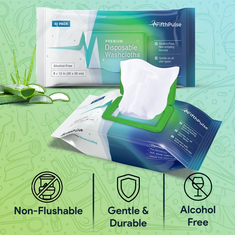 FifthPulse Disposable Body Wipes For Adults 80 Count (2 x 40 Packs) - Premoistened Washcloths For Elderly Bathing Infused With Aloe and Lanolin -Alcohol-Free Adult Wet Wipes, Extra Large 8â€ x 12â€ Wash Cloth - Image 4