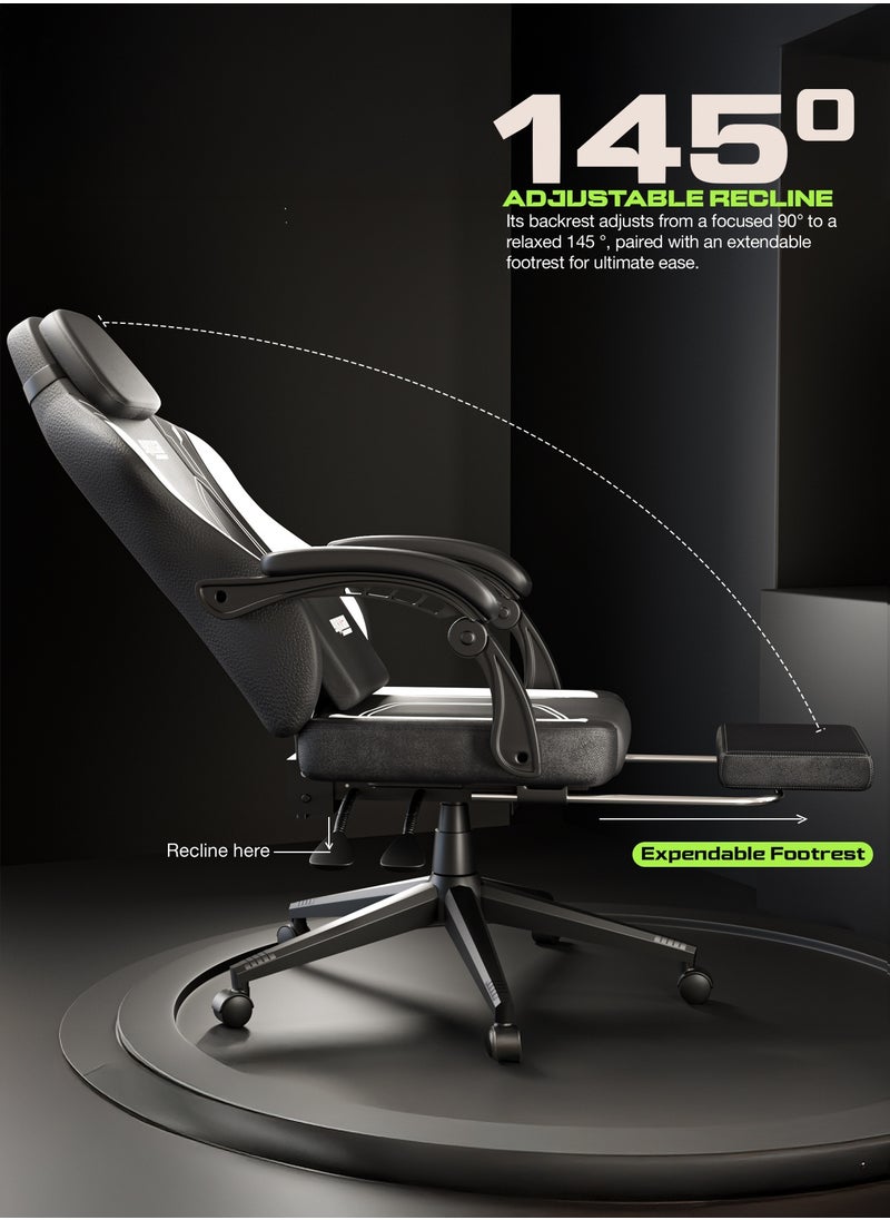 DROGO Onyx Premium Ergonomic Gaming Chair, Video Game Chair with Linkage Armrest, Footrest & Adjustable Seat Computer Chair with PU Leather, Head & Massager Lumbar Pillow Home & Office Chair with Recline Black White  - Image 5