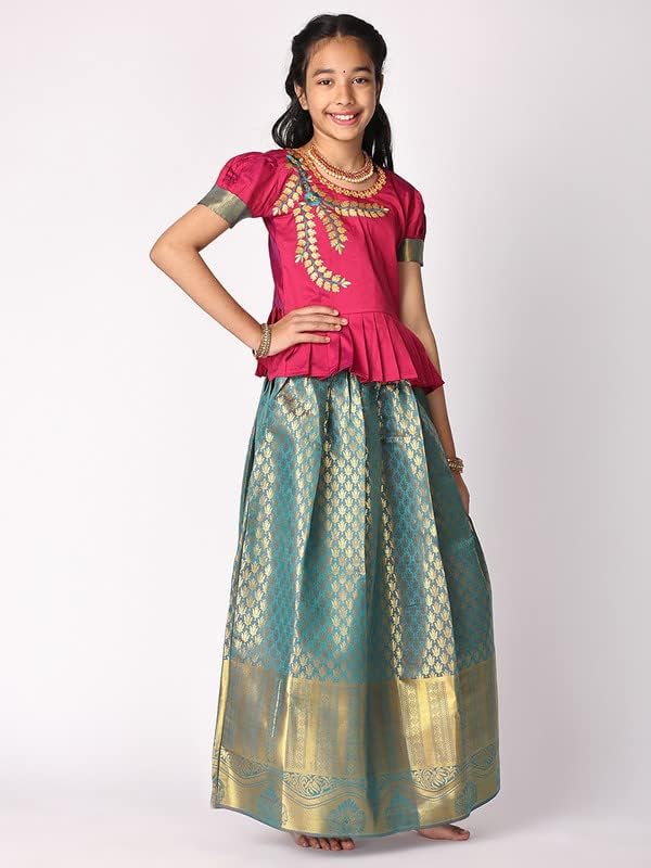TotzTouch Kids Girls Pattu Pavadai|Readymade Lehenga Choli Set South Indian Traditional Wide Zari Border Embroidered Jacquard Weave Ethnic Wear Red, Pink, Violet, Blue, Green, Sizes 1 To 10 Years - Image 4