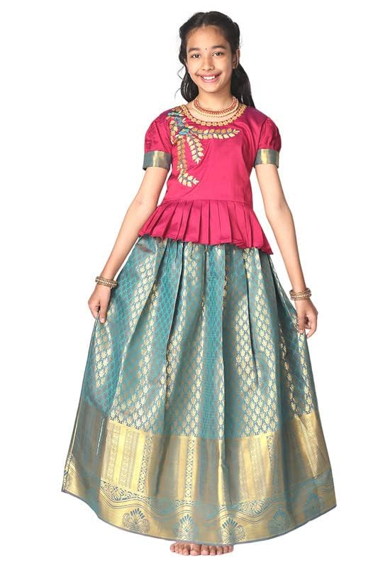 TotzTouch Kids Girls Pattu Pavadai|Readymade Lehenga Choli Set South Indian Traditional Wide Zari Border Embroidered Jacquard Weave Ethnic Wear Red, Pink, Violet, Blue, Green, Sizes 1 To 10 Years - Image 1