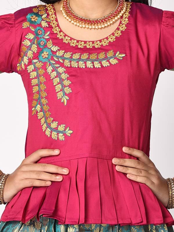 TotzTouch Kids Girls Pattu Pavadai|Readymade Lehenga Choli Set South Indian Traditional Wide Zari Border Embroidered Jacquard Weave Ethnic Wear Red, Pink, Violet, Blue, Green, Sizes 1 To 10 Years - Image 3