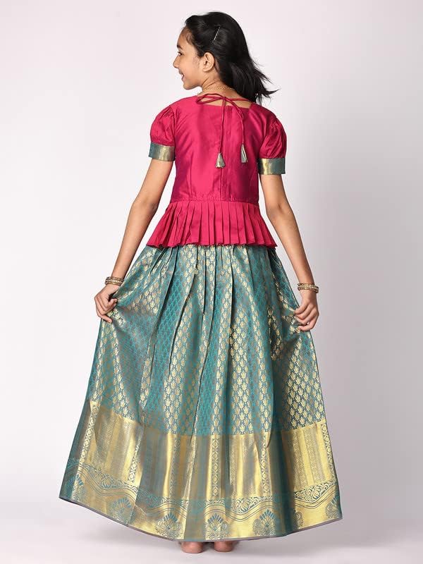 TotzTouch Kids Girls Pattu Pavadai|Readymade Lehenga Choli Set South Indian Traditional Wide Zari Border Embroidered Jacquard Weave Ethnic Wear Red, Pink, Violet, Blue, Green, Sizes 1 To 10 Years - Image 2