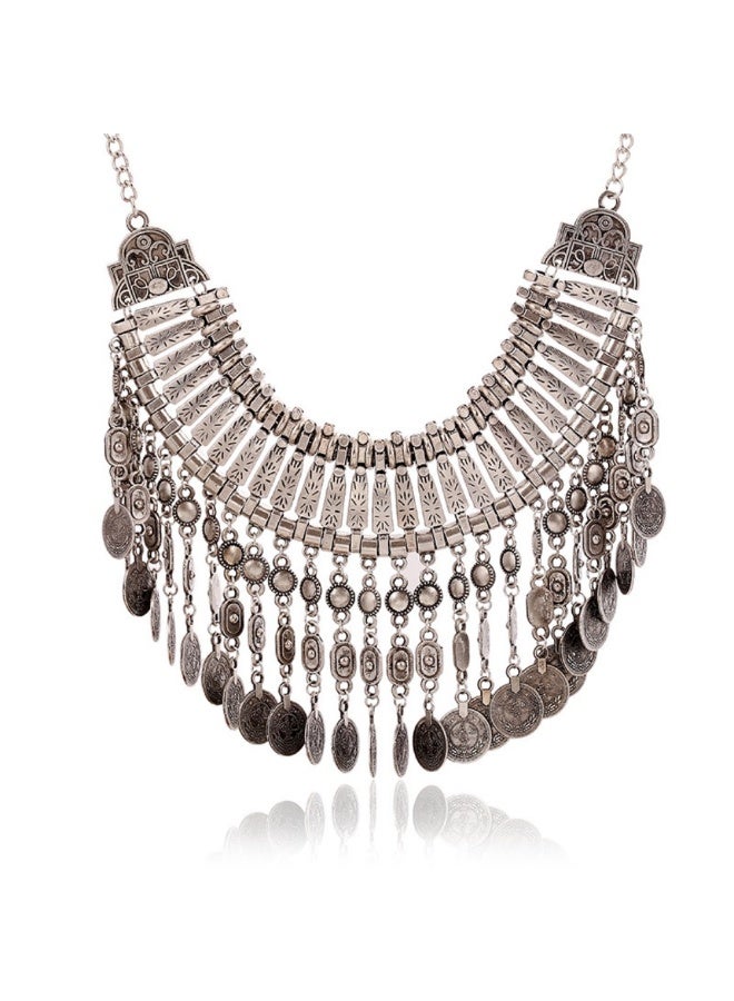 Retro coin coin multi-layer metal carved tassel necklace fashion wild exaggerated short necklace-ancient silver - Image 3