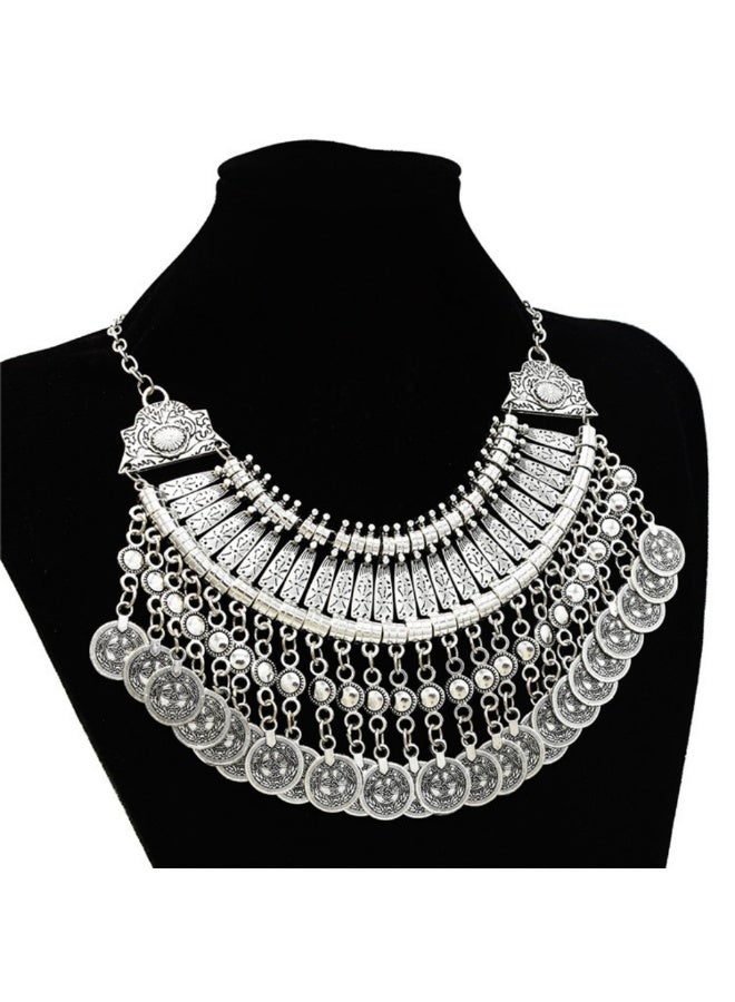 Retro coin coin multi-layer metal carved tassel necklace fashion wild exaggerated short necklace-ancient silver - Image 1