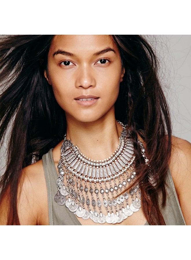 Retro coin coin multi-layer metal carved tassel necklace fashion wild exaggerated short necklace-ancient silver - Image 5