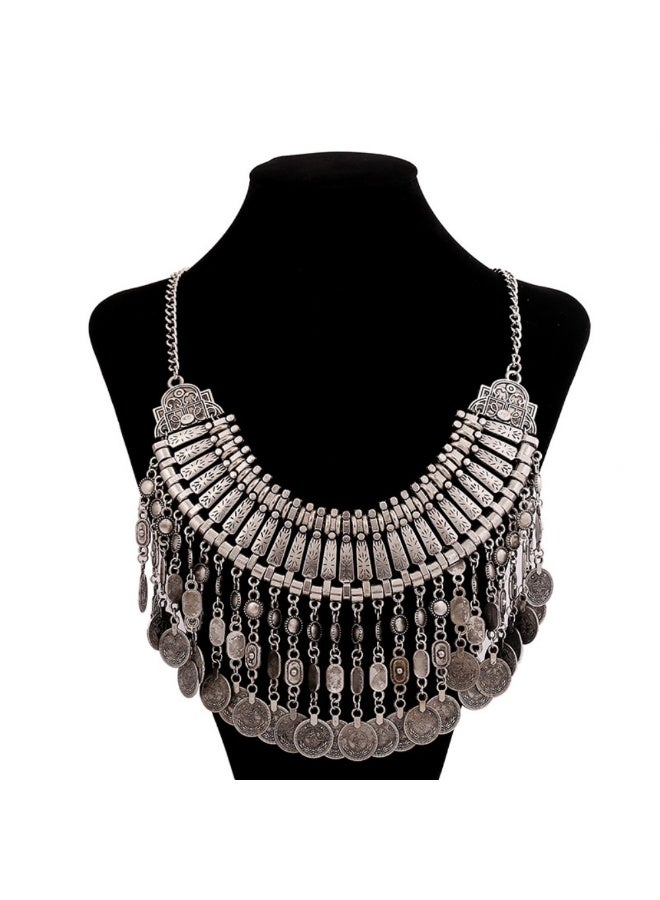Retro coin coin multi-layer metal carved tassel necklace fashion wild exaggerated short necklace-ancient silver - Image 2