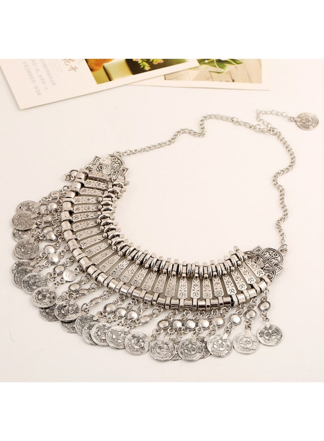 Retro coin coin multi-layer metal carved tassel necklace fashion wild exaggerated short necklace-ancient silver - Image 4